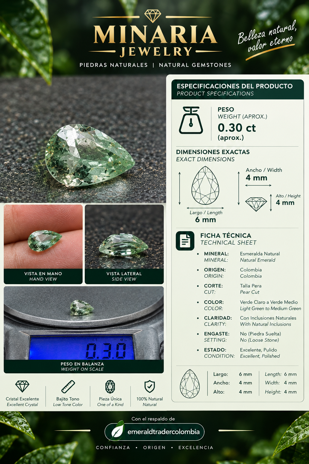 Esmeralda Natural Colombiana sin tratamiento · Talla lagrima · 0,30 ct