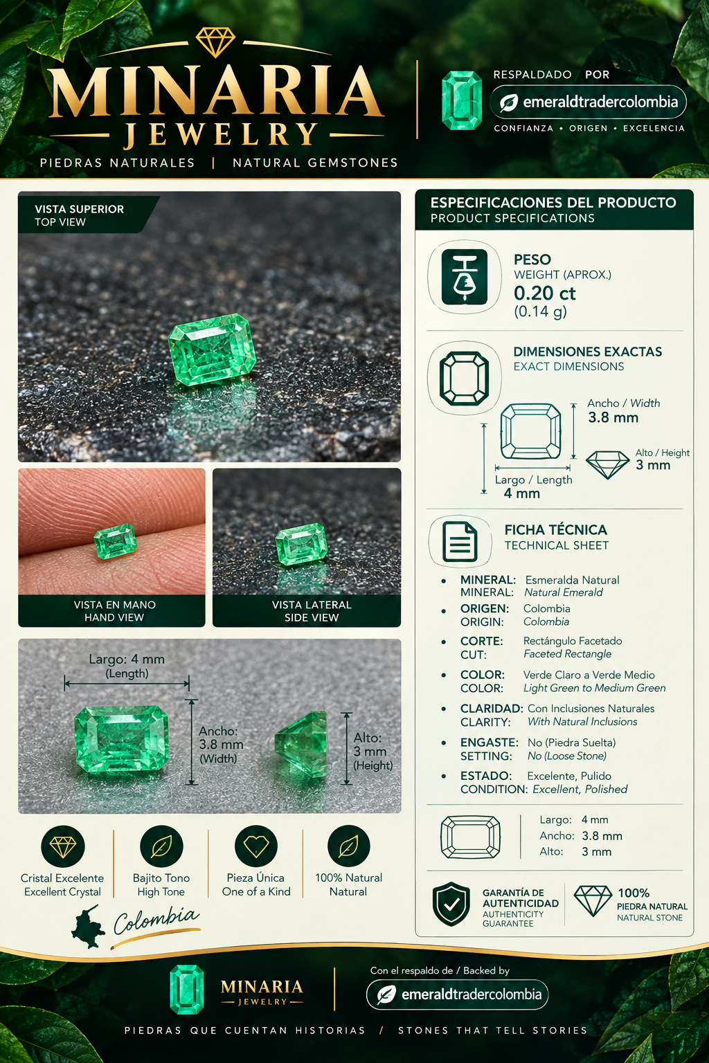Esmeralda Natural Colombiana talla rectangular · 0,20 ct