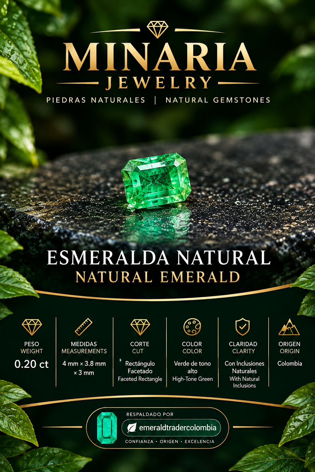 Esmeralda Natural Colombiana talla rectangular · 0,20 ct