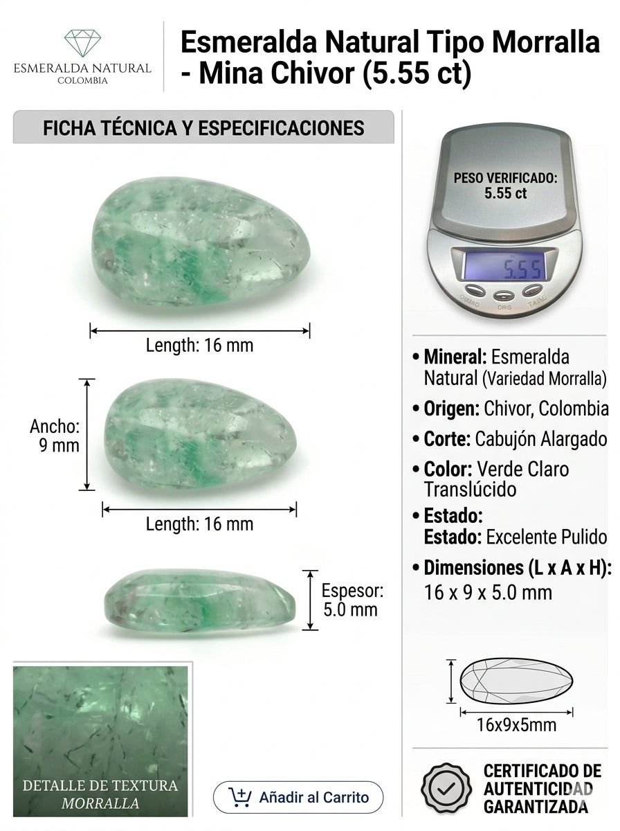 Esmeralda Morralla Natural Mina Colombia-Chivor 5.55 ct | Gema Cabujón