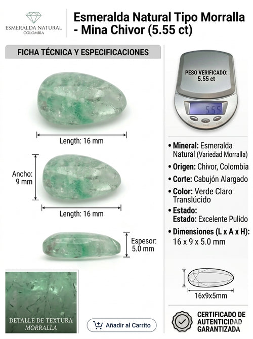 Esmeralda Morralla Natural Mina Colombia-Chivor 5.55 ct | Gema Cabujón