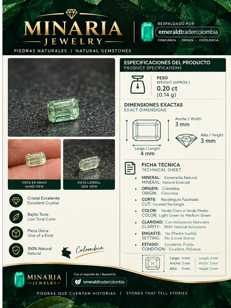 Linda Esmeralda Natural de Colombia sin tratamiento 0.20ct buen cristal entonado